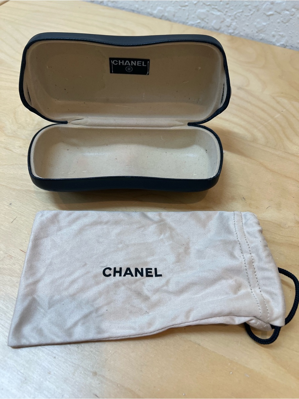 CHANEL Black Exterior Cream Interior Glasses Case with Dust Pouch